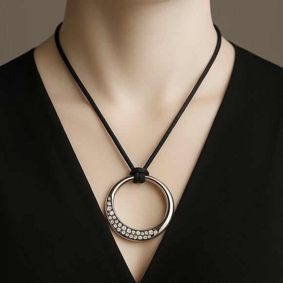 Swarovski Crystal Circle Pendant Necklace  Sterling Silver Overlay & Black Cord - Picture 1 of 8